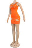 Svart Mode Sexig vuxen Svart Orange Tank Ärmlös Slip Hip kjol Mini Patchwork hål Rejäla klänningar
