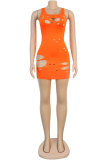 Orange Mode Sexig vuxen Svart Orange Tank Ärmlös Slip Hip kjol Mini Patchwork hål Rejäla klänningar