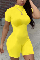 Yellow Fashion Casual Solid Short Sleeve O Neck Rompers
