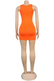 Svart Mode Sexig vuxen Svart Orange Tank Ärmlös Slip Hip kjol Mini Patchwork hål Rejäla klänningar