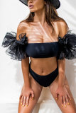 Patchwork en nylon noir haut court uni deux pièces costumes mode maillots de bain pour adultes