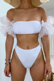 White Nylon Patchwork Solid crop top Two Piece Suits Fashion adult Swimwears