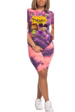 Фиолетовый модный активный пэчворк с принтом, краситель для галстуков, костюмы из двух предметов, прямые, с коротким рукавом, из двух предметов