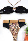 Trajes de baño de dos piezas sin espalda con estampado de leopardo de nailon negro, trajes de baño sexis para adultos a la moda