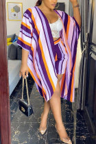 Фиолетовый модный повседневный полосатый костюм из двух предметов для взрослых в полоску с рюшами и принтом, прямой костюм из двух предметов с половиной рукавом