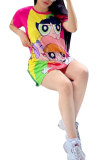 Multicolor Moda Casual adulto multicolor manga casquillo mangas cortas cuello redondo A-Line Mini vestidos estampados de retazos