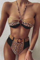 Schwarzer Nylon-Leopard-Patchwork-Druckverband rückenfreie zweiteilige Anzüge Mode Sexy erwachsene Badebekleidung