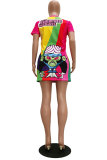 Multicolore mode décontracté adulte multicolore manches courtes col rond a-ligne Mini imprimé Patchwork robes