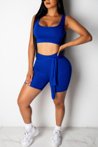 Blue Fashion Active Patchwork Solid Two Piece Suits Straight Sleeveless Two Pieces