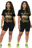 Black Fashion Casual adult Letter Patchwork Two Piece Suits Lips Print Straight Short Sleeve Two Pieces