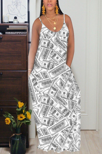 Grey Fashion Casual Grey Green Yellow Spaghetti Strap Sleeveless Slip Swagger Floor-Length Print Dresses