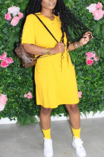 Yellow Fashion Casual Black Yellow rose red Navy Blue Army Green Cap Sleeve Short Sleeves O neck A-Line Knee-Length Solid Dresses