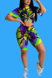 Blue Fashion OL Print Tie Dye Two Piece Suits penna Kort ärm Two Pieces