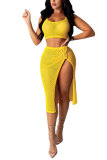 Yellow Fashion adult Sweet Patchwork Solid asymmetrical Two Piece Suits HOLLOWED OUT Hip skirt Sleeveless Two Pieces