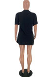 Black Fashion Casual adult White Black Blue Cap Sleeve Short Sleeves O neck Step Skirt Mini Print Patchwork Character Dresses