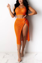 オレンジファッション大人甘いパッチワーク固体非対称ツーピーススーツ中空アウトヒップスカートノースリーブツーピース