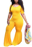 Mode jaune sexy col rond solide grande taille