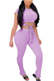 фиолетовый модный сексуальный лоскутный однотонный костюм из двух частей с прямым коротким рукавом из двух частей