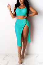 Sky Blue Fashion adult Sweet Patchwork Solid asymmetrical Two Piece Suits HOLLOWED OUT Hip skirt Sleeveless Two Pieces