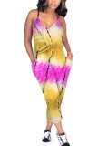 Yellow Fashion street Tie-dyed Sleeveless V Neck Jumpsuits