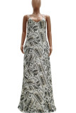 Grey Fashion Casual Grey Green Yellow Spaghetti Strap Sleeveless Slip Swagger Floor-Length Print Dresses