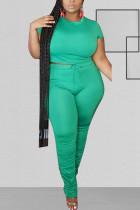 Groene mode Sexy O-hals effen tweedelige pakken stiksels Plus maat
