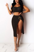 Black Fashion adult Sweet Patchwork Solid asymmetrical Two Piece Suits HOLLOWED OUT Hip skirt Sleeveless Two Pieces