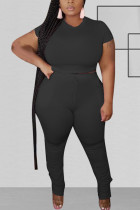 Zwarte mode Sexy O-hals effen tweedelige pakken stiksels Plus maat
