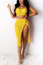 Yellow Fashion adult Sweet Patchwork Solid asymmetrical Two Piece Suits HOLLOWED OUT Hip skirt Sleeveless Two Pieces