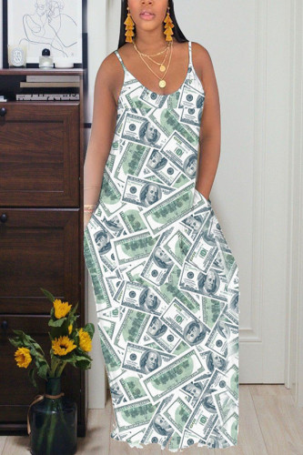 Green Fashion Casual Grey Green Yellow Spaghetti Strap Sleeveless Slip Swagger Floor-Length Print Dresses