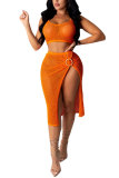 Orange Fashion adult Sweet Patchwork Solid asymmetrical Two Piece Suits HOLLOWED OUT Hip skirt Sleeveless Two Pieces