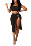 Black Fashion adult Sweet Patchwork Solid asymmetrical Two Piece Suits HOLLOWED OUT Hip skirt Sleeveless Two Pieces