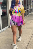 Dark Blue Fashion adult Street Patchwork Print Tie Dye asymmetrical Two Piece Suits Lips Print pencil Short Sleeve Two Pieces