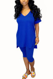 Blue Fashion Sexy Solid Two Piece Suits pencil Short Sleeve Two Pieces
