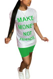 Зеленые модные уличные костюмы из двух частей с буквенным принтом, прямые костюмы из двух частей с короткими рукавами