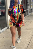 Dark Blue Fashion adult Street Patchwork Print Tie Dye asymmetrical Two Piece Suits Lips Print pencil Short Sleeve Two Pieces