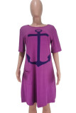Violet mode décontracté blanc bleu violet manches courtes col rond asymétrique genou longueur robes imprimées