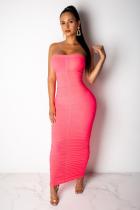 Pink Polyester Sexy Fashion Off The Shoulder Sleeveless Wrapped chest Sheath Ankle-Length Solid Draped  C