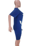 White Fashion Casual White Blue purple Cap Sleeve Short Sleeves O neck Asymmetrical Knee-Length Print Dresses