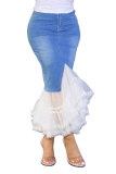 Blue Button Fly Sleeveless Mid Solid Mesh A-line Ruffle Mesh Hem Split Denim Midi Skirt Bottoms