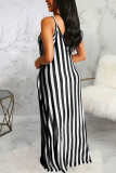 Black Fashion Sexy Black Blue Pink Spaghetti Strap Sleeveless V Neck Swagger Floor-Length Striped Dresses