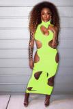 Fluorescent green Fashion adult Sexy Tank Sleeveless Turtleneck Step Skirt Mid-Calf Solid Print hollow out