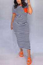 オレンジ ファッション カジュアル レッド ブルー グリーン オレンジ パープル キャップ スリーブ 半袖 O ネック ステップ スカート ミッドカーフ ストライプ ドレス
