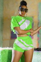 Fluorescent green Fashion Casual Two Piece Suits asymmetrical crop top Zippered Regular Short Sleeve Two-Pi