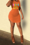 Orange Mode Lässig Erwachsene Schwarz Orange Flügelärmel Kurze Ärmel O-Ausschnitt Stufenrock Minidruck Patchwork Charakter Kleider