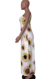 イエロー ファッション ストリート ホワイト ブラウン イエロー スパゲッティ ストラップ ノースリーブ V ネック ペンシル ドレス 床長さのプリント花柄動物ドレス