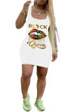 White Fashion Casual adult White Black Tank Sleeveless Square Step Skirt Mini Print Patchwork Character lip Dresses