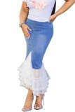 Blauwe Denim Knop Gulp Mouwloos Mid Patchwork Effen Split Mesh A-lijn rok Broek Bodems