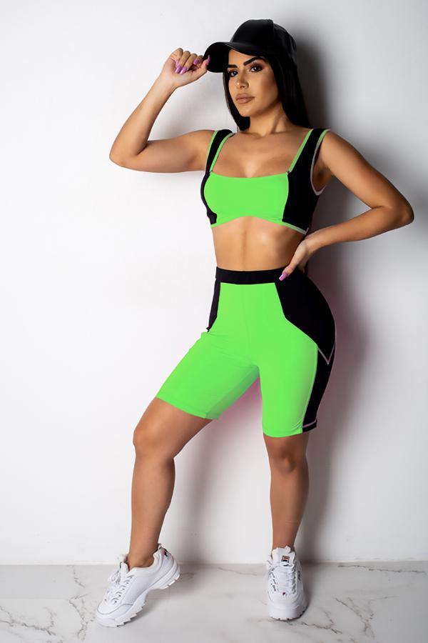 Light Green Sexy Fashion Casual crop top Patchwork Geometric Skinny Two-Piece Short Set