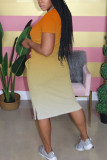 Green Fashion Street Red Black Blue Green Orange Yellow rose red purple Cap Sleeve Short Sleeves O neck Step Skirt Mid-Calf Ombre Solid Dresses